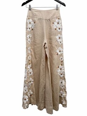 All Things Mochi Paloma Linen Wide Leg Embroidered Pant Natural Size X-Small